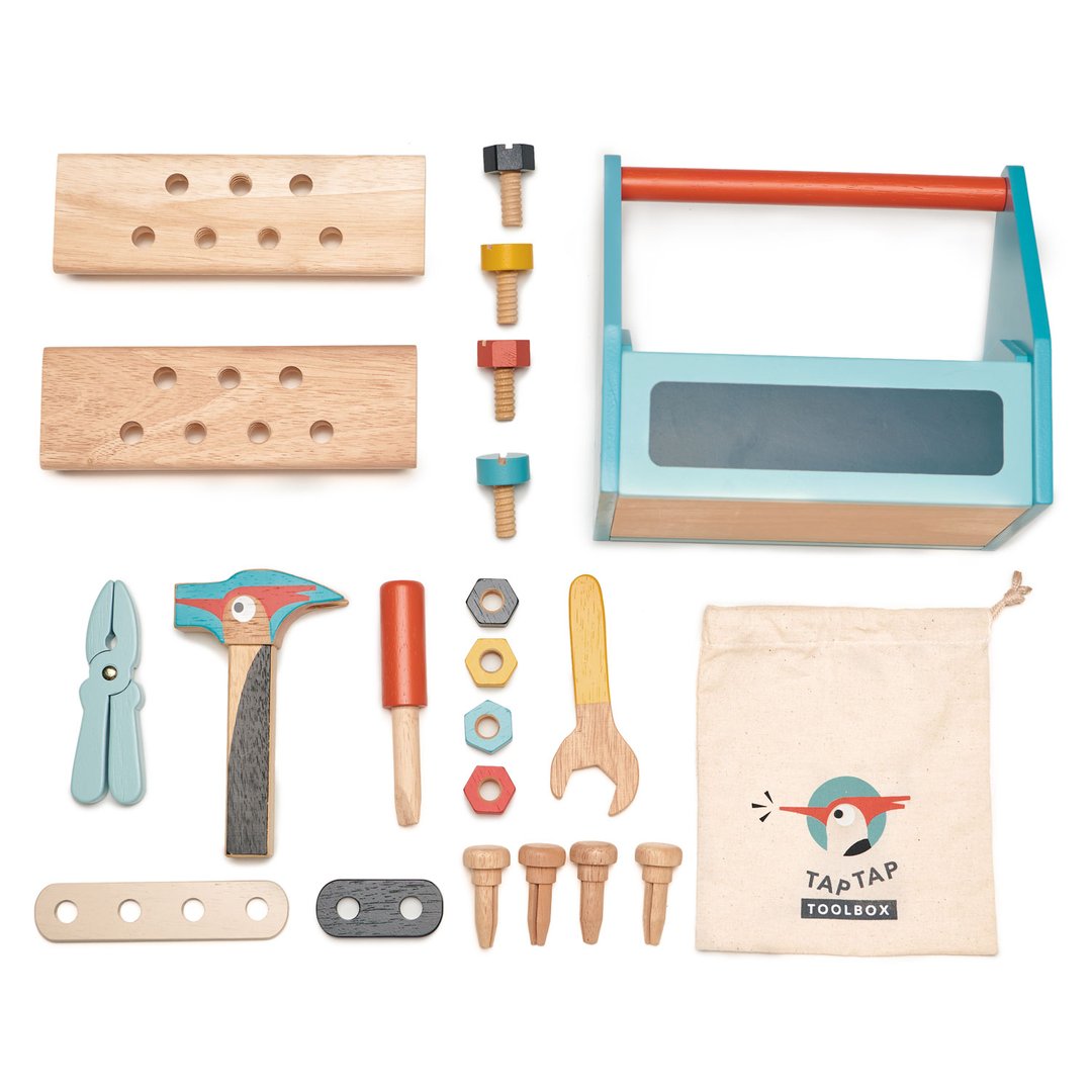 A Tenderleaf Tap Tap Tool Box toy tool set with tools in a bag.