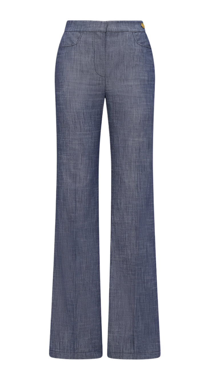 Blue "Tonne Pant" by Callas Milano, high-rise wide-leg denim with front pockets and subtle horizontal texture on a white background, featuring a stylish flare silhouette.