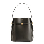 The Toteme Belted Bucket Bag features black Palmellato leather, a structured silhouette, top handle, gold hardware, subtle branding near the top center, and a chic belted detail—ideal for any occasion.