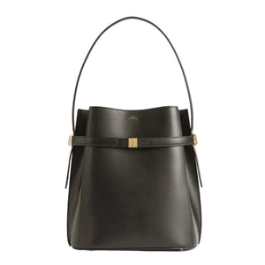 The Toteme Belted Bucket Bag features black Palmellato leather, a structured silhouette, top handle, gold hardware, subtle branding near the top center, and a chic belted detail—ideal for any occasion.
