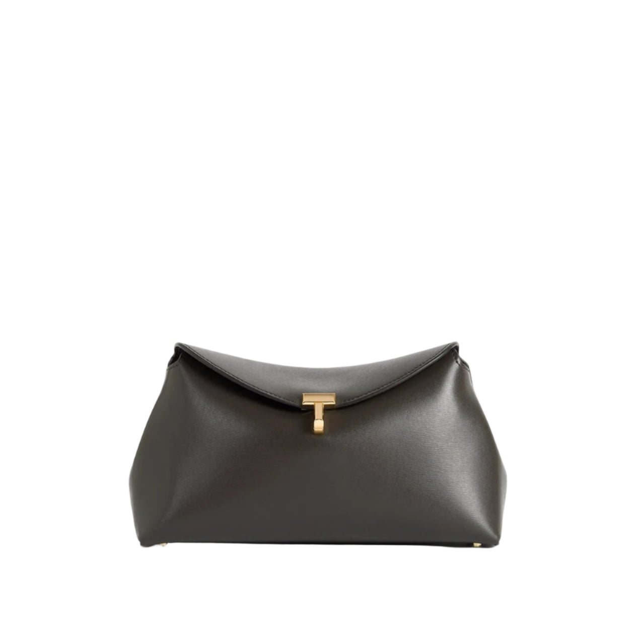The Toteme T-Lock Clutch is a black Palmellato leather bag featuring a gold T-Lock clasp and a structured, minimalist design.