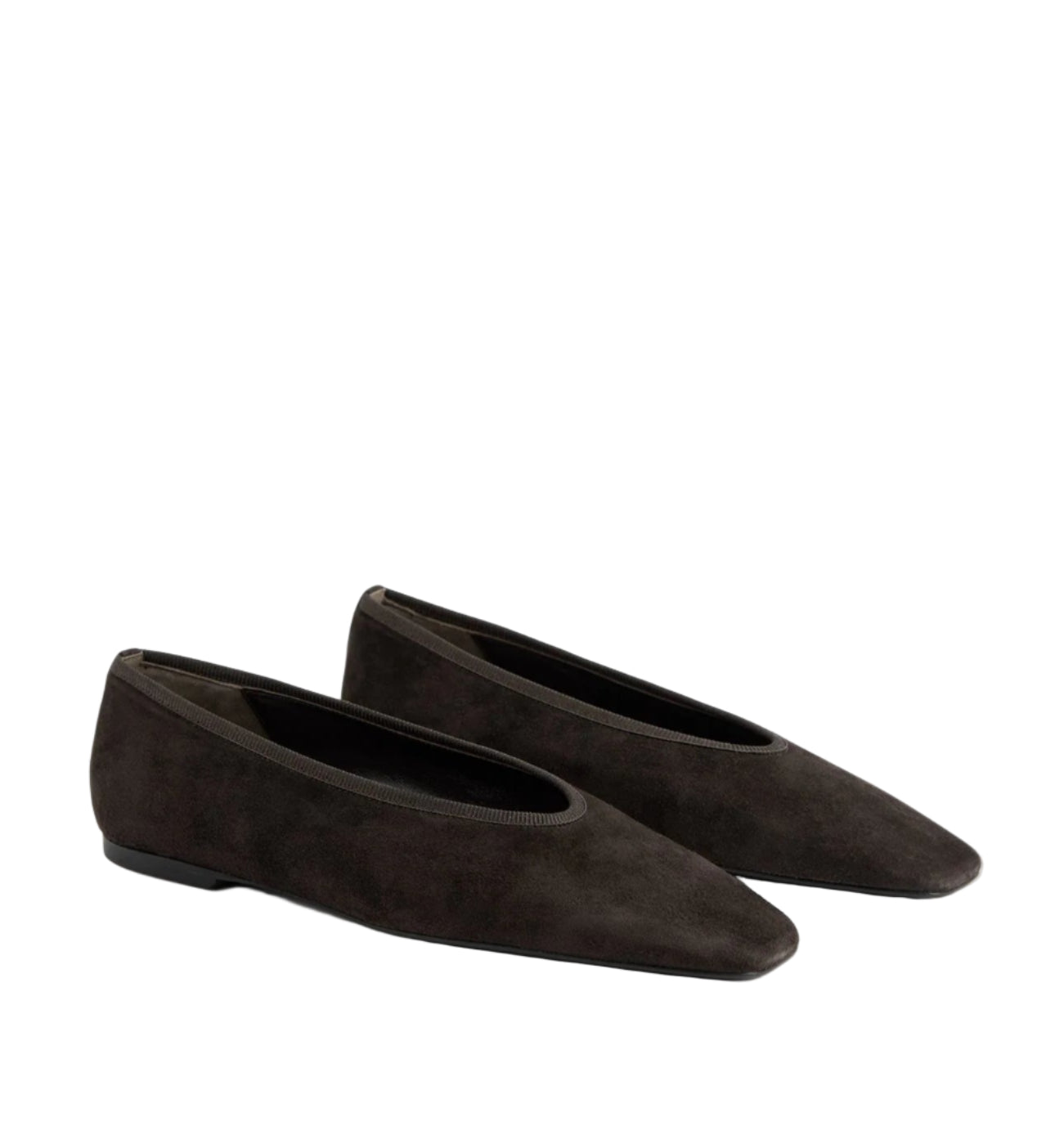 The Toteme Minimalist Suede Ballerinas, in dark brown with a low heel and rounded square toe, made in Spain, are shown against a white background.