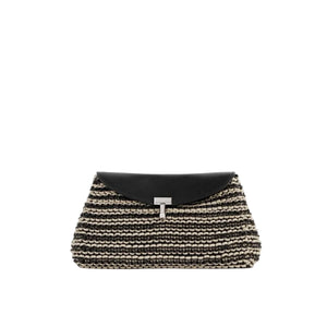 The Toteme Mini T-Lock Woven Clutch features black and beige nappa leather, a black flap closure, and a silver T-lock clasp on the front.