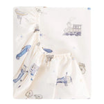 The Gooselings Transit Treasures Crib Sheet is cream-colored and extra soft, featuring vintage cars, trains, bicycles, and airplanes in blue and gray; made from OEKO-TEX certified cotton sateen for comfortable peace of mind.