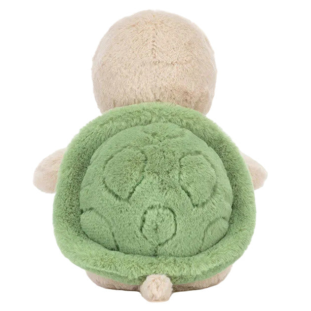 A Jellycat Thimble Turtle plush toy, seen from the back, displays its green shell and beige body—an ideal adventure companion for curious explorers.
