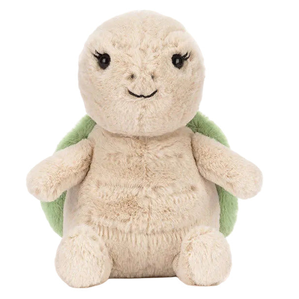 The Jellycat Thimble Turtle plush, with stitched eyes and a gentle smile, sits upright against a white background—ready to be your adventure companion.