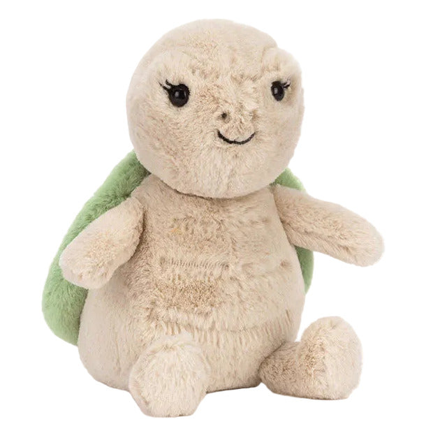 The Jellycat Thimble Turtle is a plush toy with a light beige body, stitched smile and eyes, and a soft green shell. Sitting upright against a white background, it's the perfect companion for curious-minded adventures.