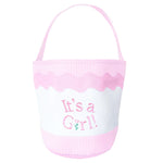 The Bits & Bows "It's a Girl Tote" is a pink and white striped baby girl tote with a handle, embroidered with "It's a Girl!"—ideal as a sustainable gift bag for new mom gifts.