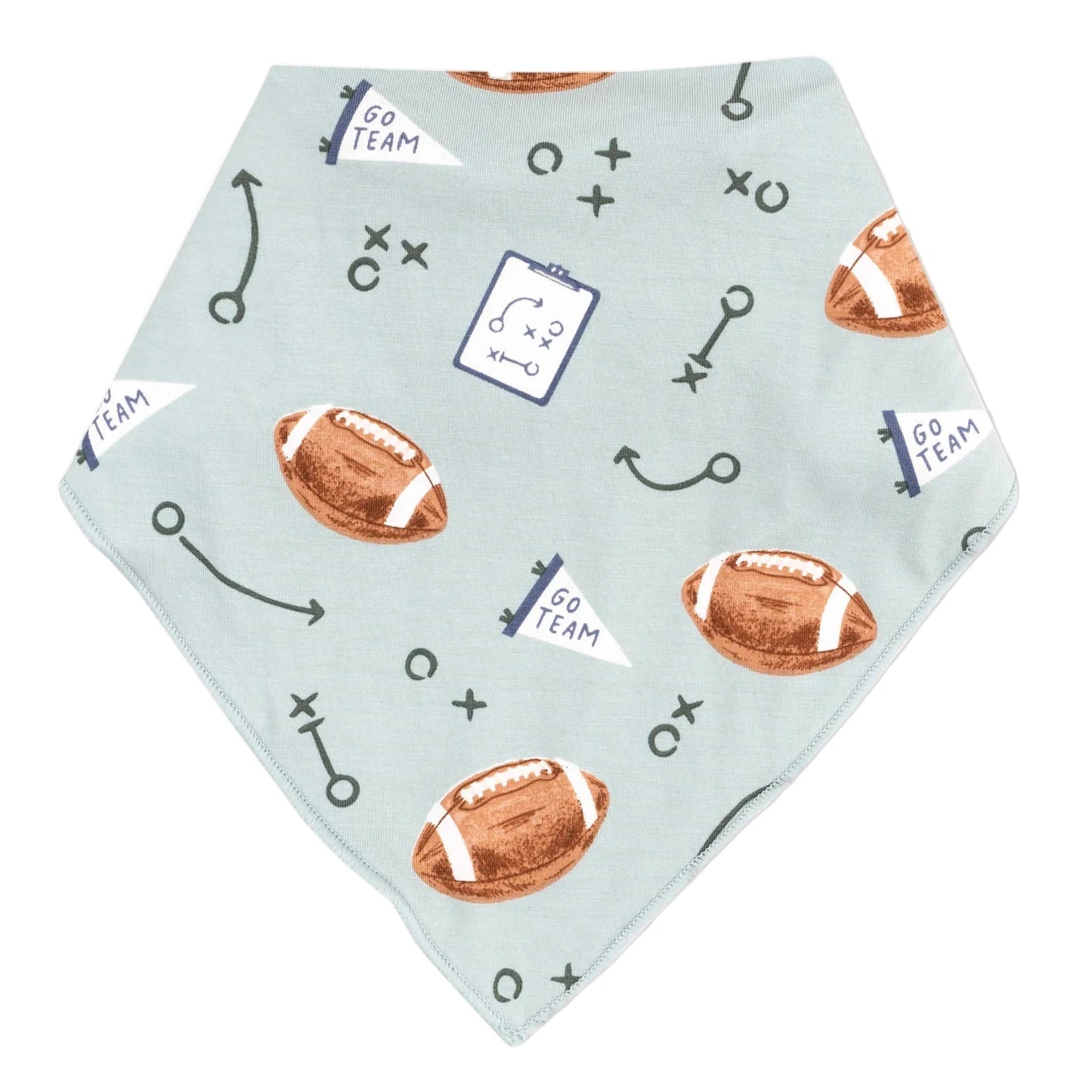 The Angel Dear Bandana Bib is a light blue teething bib with footballs, play diagrams, "Go Team" flags, and X and O symbols—perfect for little sports fans.
