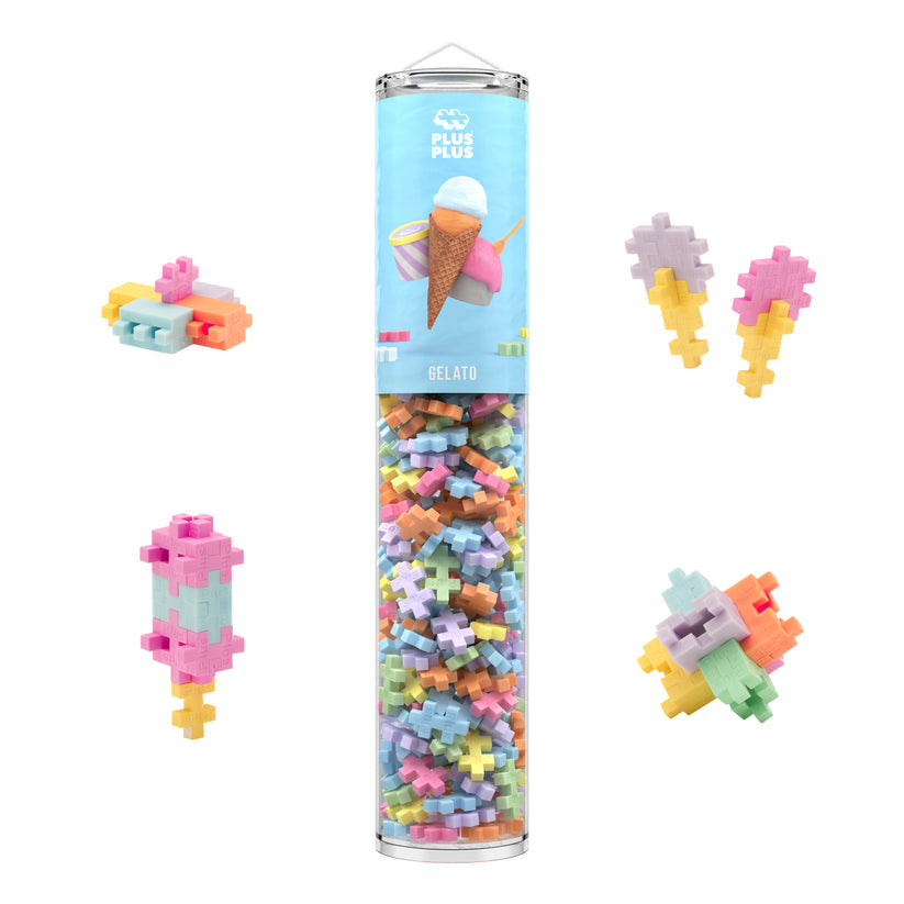 The Plus Plus Gelato 240 Piece Tube is filled with colorful pastel building blocks from the beloved brand. Surrounding the tube are five ice cream-themed block creations, making this creative set a fun STEM toy that inspires imaginative play for kids.