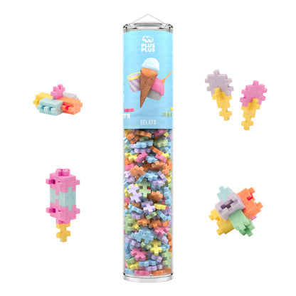The Plus Plus Gelato 240 Piece Tube is filled with colorful pastel building blocks from the beloved brand. Surrounding the tube are five ice cream-themed block creations, making this creative set a fun STEM toy that inspires imaginative play for kids.
