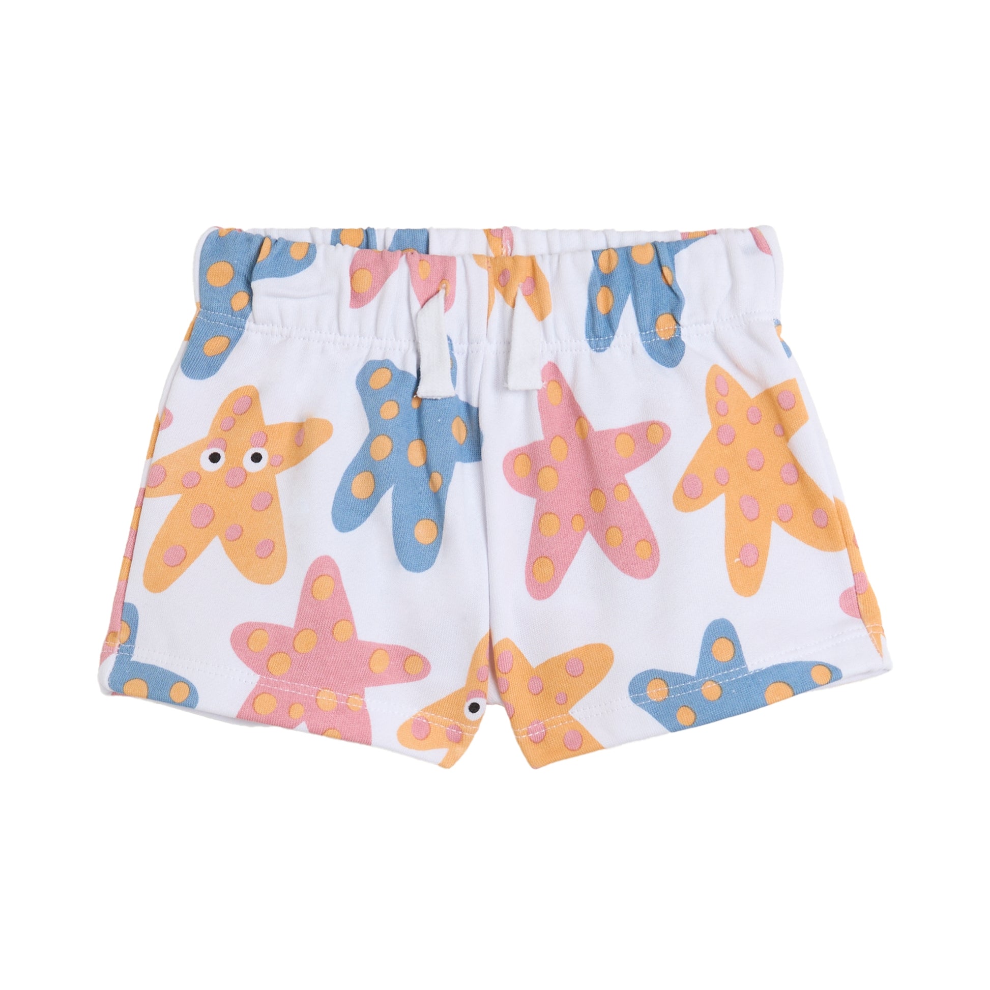 The Stella McCartney Kids Baby Girls' Starfish Shorts feature an elastic waistband and a vibrant starfish print in pink, yellow, and blue with playful polka dots.