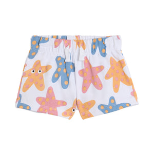 The Stella McCartney Kids Baby Girls' Starfish Shorts feature an elastic waistband and a vibrant starfish print in pink, yellow, and blue with playful polka dots.
