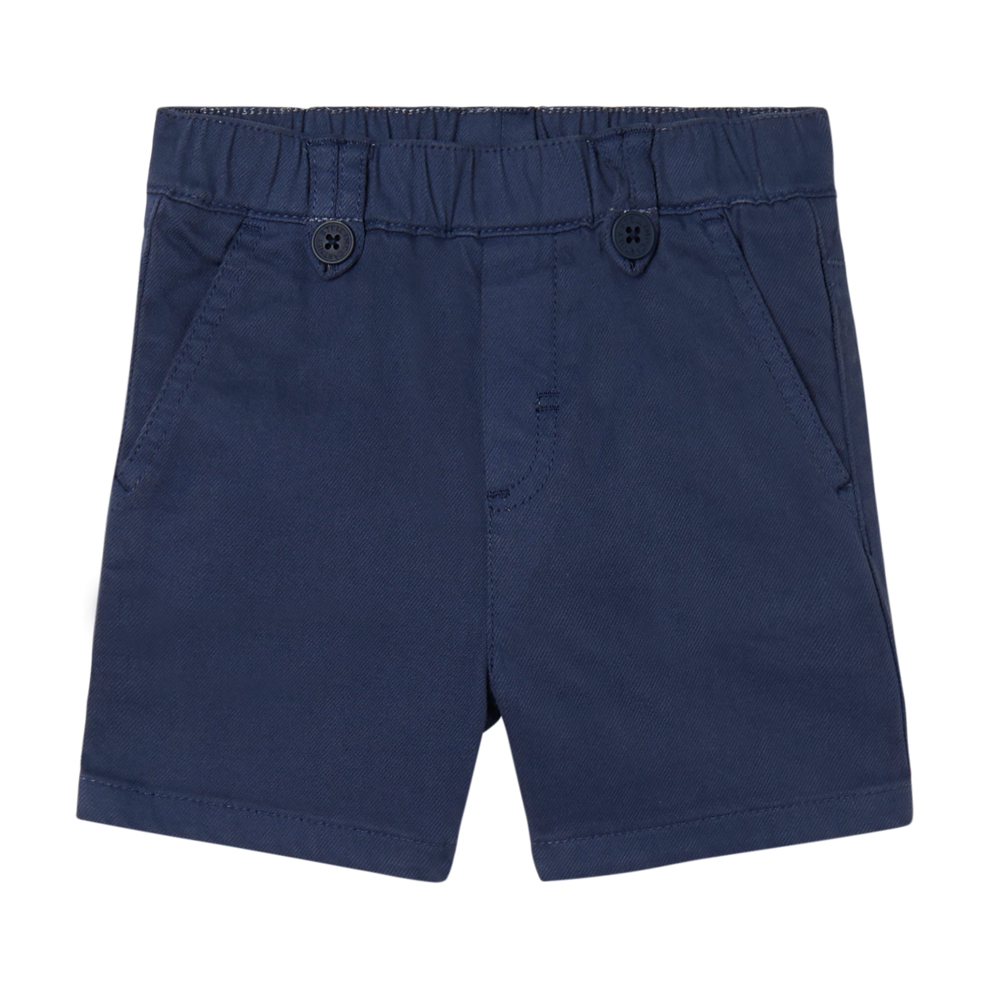 Stella McCartney Kids Baby Boys' Gabardine Shorts in navy blue feature an elastic waistband, two front pockets, and waist button details. Durable and ideal for active toddlers.