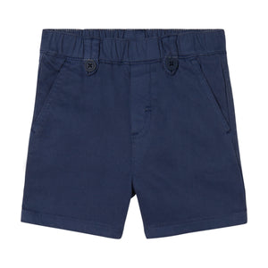 Stella McCartney Kids Baby Boys' Gabardine Shorts in navy blue feature an elastic waistband, two front pockets, and waist button details. Durable and ideal for active toddlers.