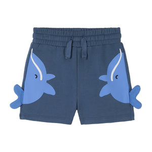 Stella McCartney Kids Baby Boys' Shorts w/ Whales feature two blue whale designs, 3D tail fins, elastic waistband, and drawstring. These navy shorts offer breathable comfort and playful style for your little one.