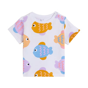 The Stella McCartney Kids Baby Girls' Printed Fish T-Shirt features a vibrant orange, blue, and pink fish pattern on a white short-sleeve design, adding playful charm to any outfit.