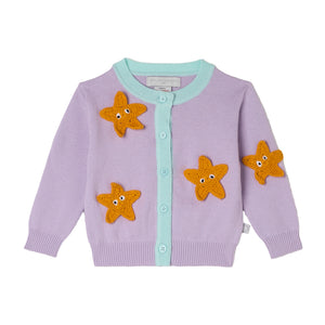 The Baby Girls' Starfish Cardigan by Stella McCartney Kids is a lavender sweater with light blue trim and buttons, featuring four orange starfish appliqués with small eyes.