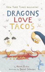 Cover of "Yoto Card: Dragons Love Tacos" by Adam Rubin, illustrated by Daniel Salmieri, showcasing dragons happily flying around an enormous taco filled with salsa. Brand: Yoto.