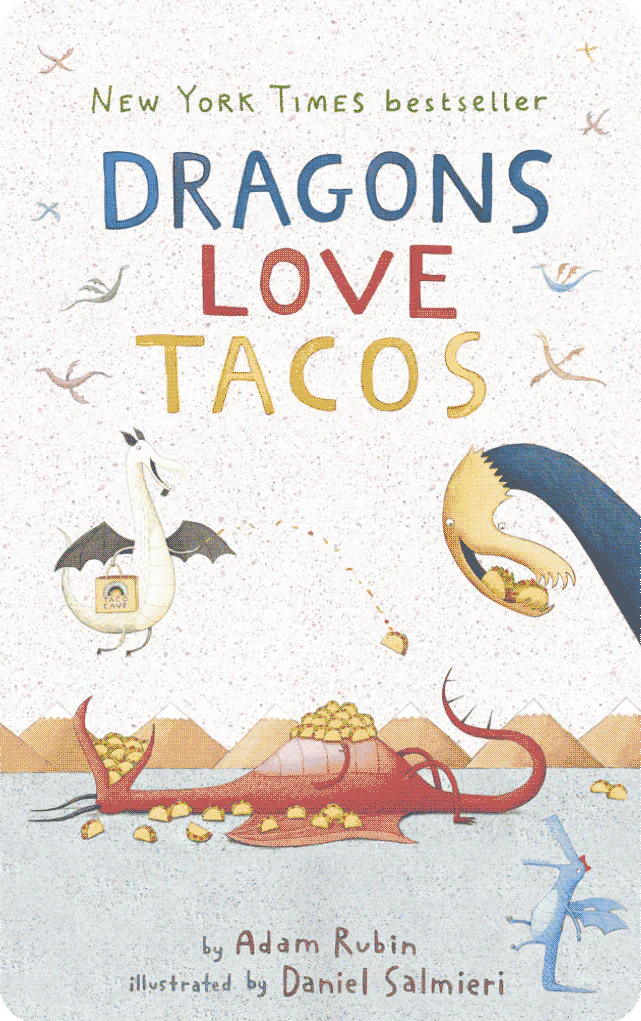 Cover of "Yoto Card: Dragons Love Tacos" by Adam Rubin, illustrated by Daniel Salmieri, showcasing dragons happily flying around an enormous taco filled with salsa. Brand: Yoto.