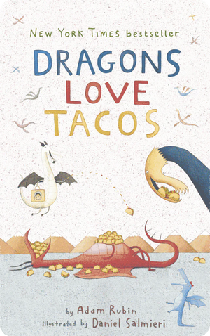 Cover of "Yoto Card: Dragons Love Tacos" by Adam Rubin, illustrated by Daniel Salmieri, showcasing dragons happily flying around an enormous taco filled with salsa. Brand: Yoto.