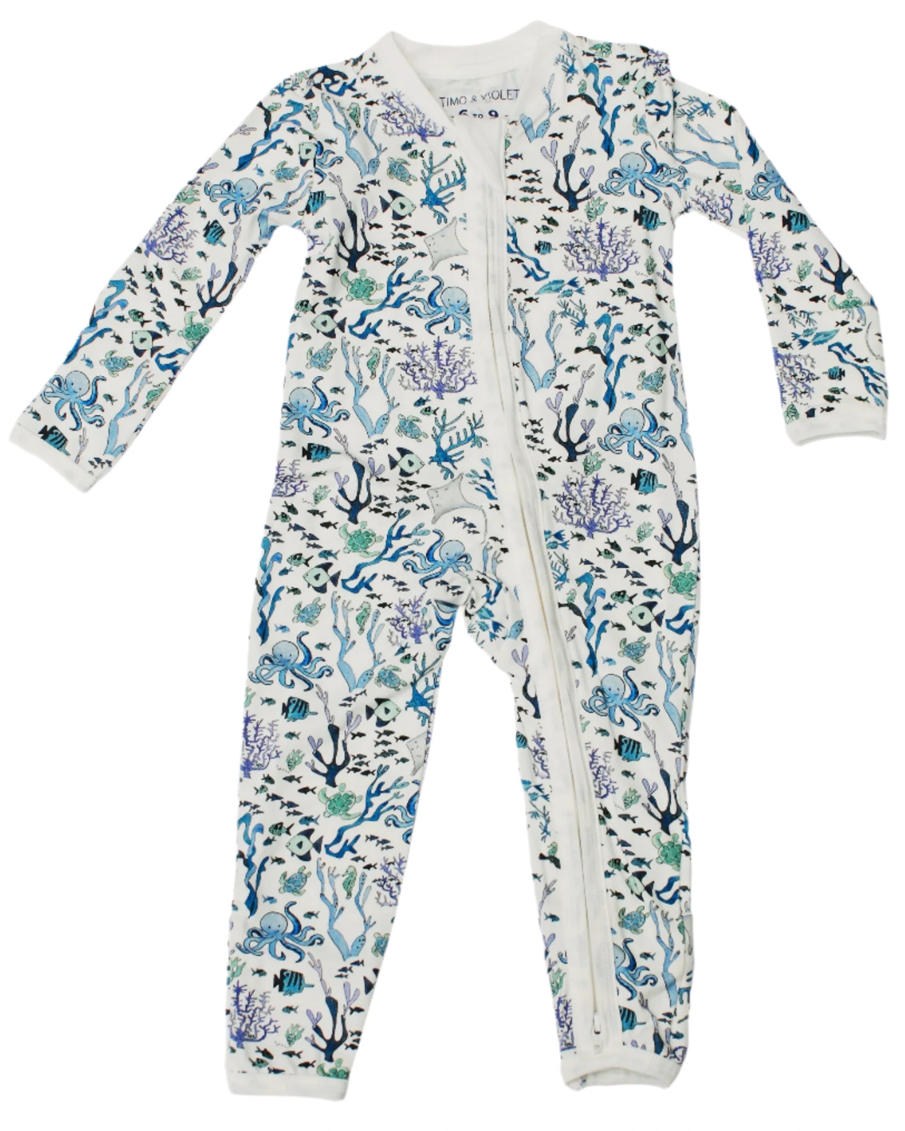 The Timo & Violet Baby' One-Piece is a long-sleeve romper with a front zipper, fold-over mittens, and an ocean-themed blue and purple print with sea creatures and plants.