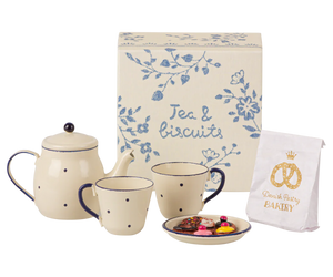 Maileg Mail Tea & Biscuits for Two, featuring a ceramic teapot, two polka-dotted mugs, a plate with assorted pastries, a white paper bag labeled "Danish Pastry Bakery," and a box with "Tea & biscuits" written on it—all perfect for a Maileg Friend's tea party set.