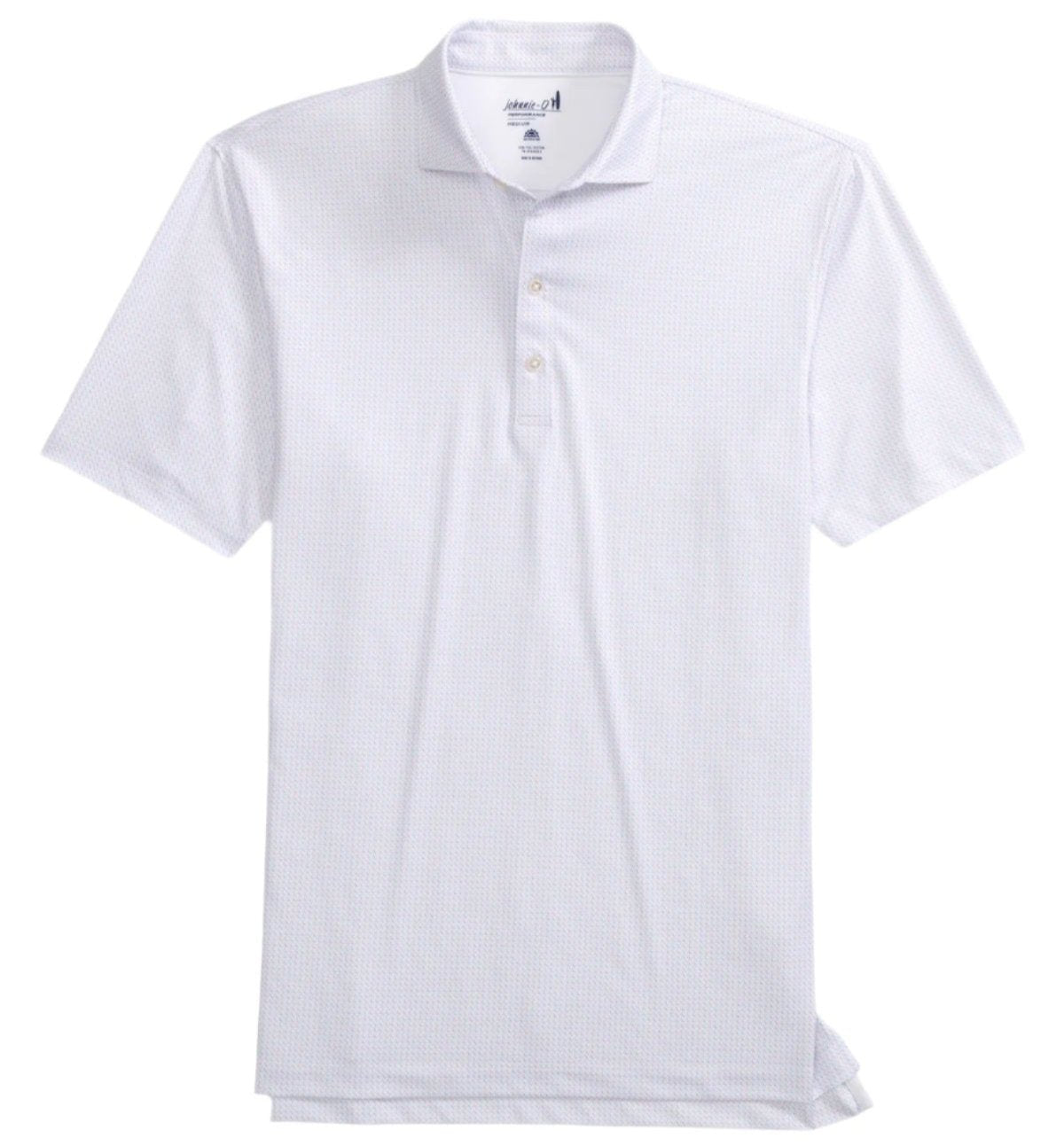 The Johnnie-O Tee Time Polo is a white short-sleeve shirt with a subtle checkered pattern, a three-button collar, and lightweight fabric offering UPF 50 protection.