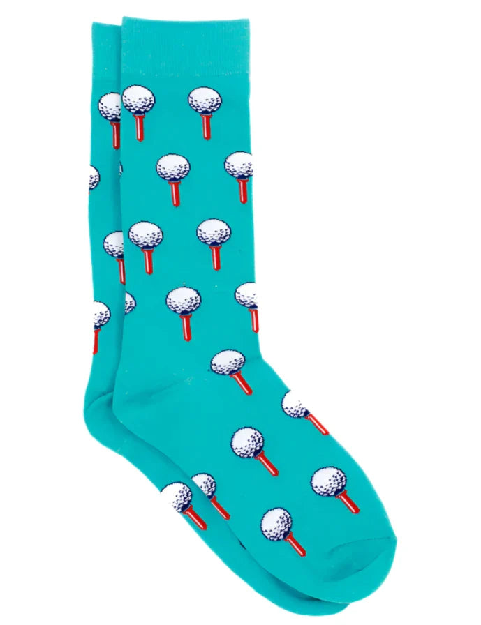 Introducing Properly Tied Lucky Duck Socks: teal dress socks with a playful design of golf balls on tees, perfect for adding a whimsical touch to your wardrobe.