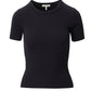 The Rag & Bone Essential Ribbed Tee is a plain black, short-sleeve women’s top with a crew neckline, blending comfort and style. Shown on a white background, it's an everyday wardrobe staple.