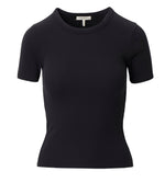 The Rag & Bone Essential Ribbed Tee is a plain black, short-sleeve women’s top with a crew neckline, blending comfort and style. Shown on a white background, it's an everyday wardrobe staple.