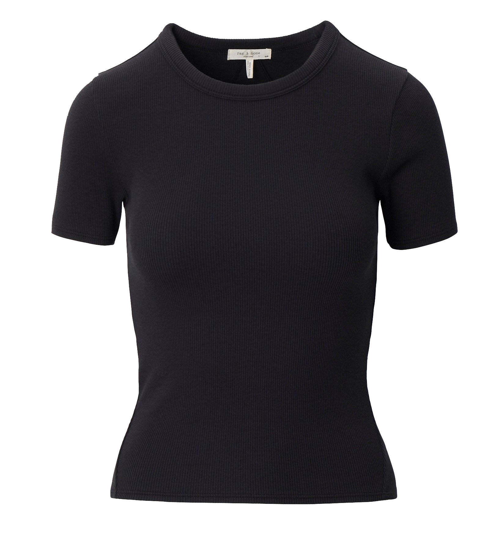 The Rag & Bone Essential Ribbed Tee is a plain black, short-sleeve women’s top with a crew neckline, blending comfort and style. Shown on a white background, it's an everyday wardrobe staple.