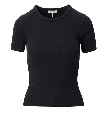 The Rag & Bone Essential Ribbed Tee is a plain black, short-sleeve women’s top with a crew neckline, blending comfort and style. Shown on a white background, it's an everyday wardrobe staple.