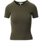 The Rag & Bone Essential Ribbed Tee is an olive green, short-sleeve top crafted from organic cotton—an everyday wardrobe staple shown on a white background.