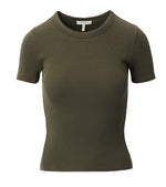 The Rag & Bone Essential Ribbed Tee is an olive green, short-sleeve top crafted from organic cotton—an everyday wardrobe staple shown on a white background.