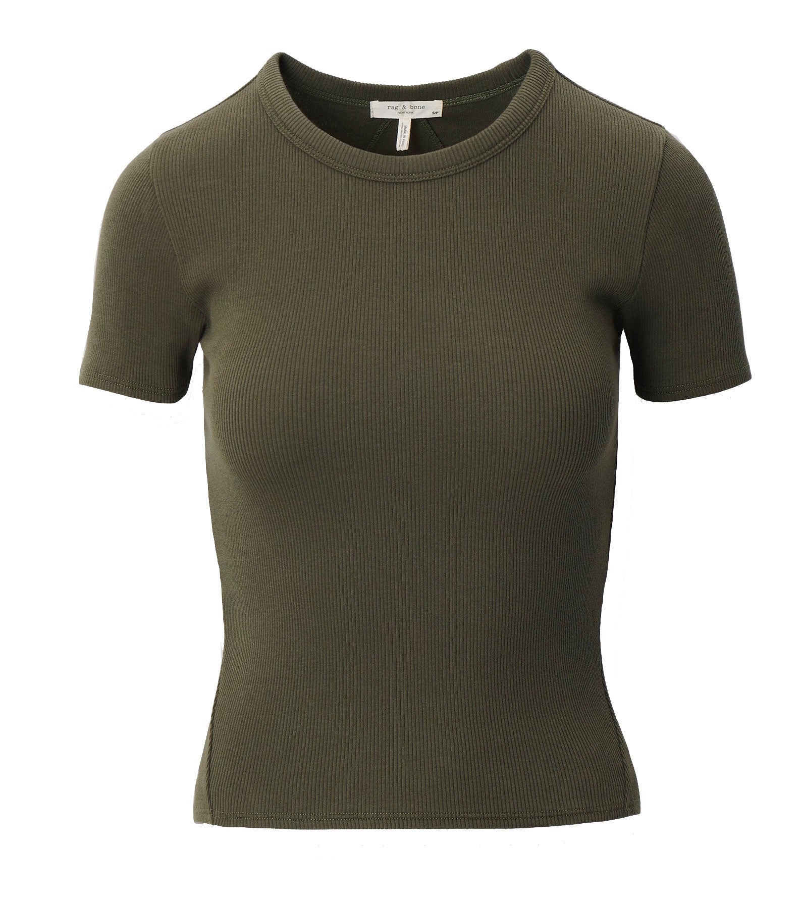 The Rag & Bone Essential Ribbed Tee is an olive green, short-sleeve top crafted from organic cotton—an everyday wardrobe staple shown on a white background.