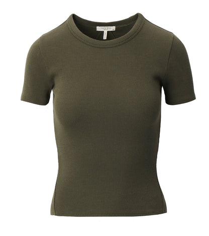 The Rag & Bone Essential Ribbed Tee is an olive green, short-sleeve top crafted from organic cotton—an everyday wardrobe staple shown on a white background.