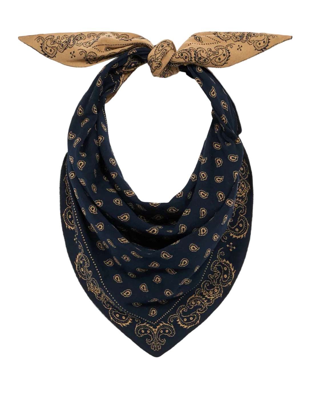 A navy blue and tan reversible paisley jacquard The Wild Rag by Guest in Residence, tied in a knot at the top with the pointed end hanging down.
