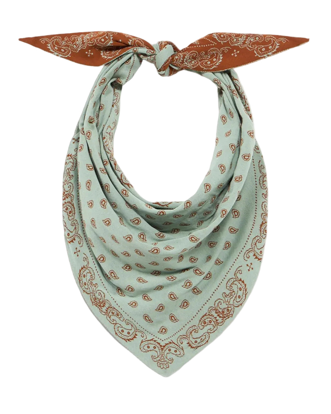 The Wild Rag by Guest in Residence is a light green cotton-silk bandana featuring a brown paisley pattern, styled with a top knot and displayed against a white background.
