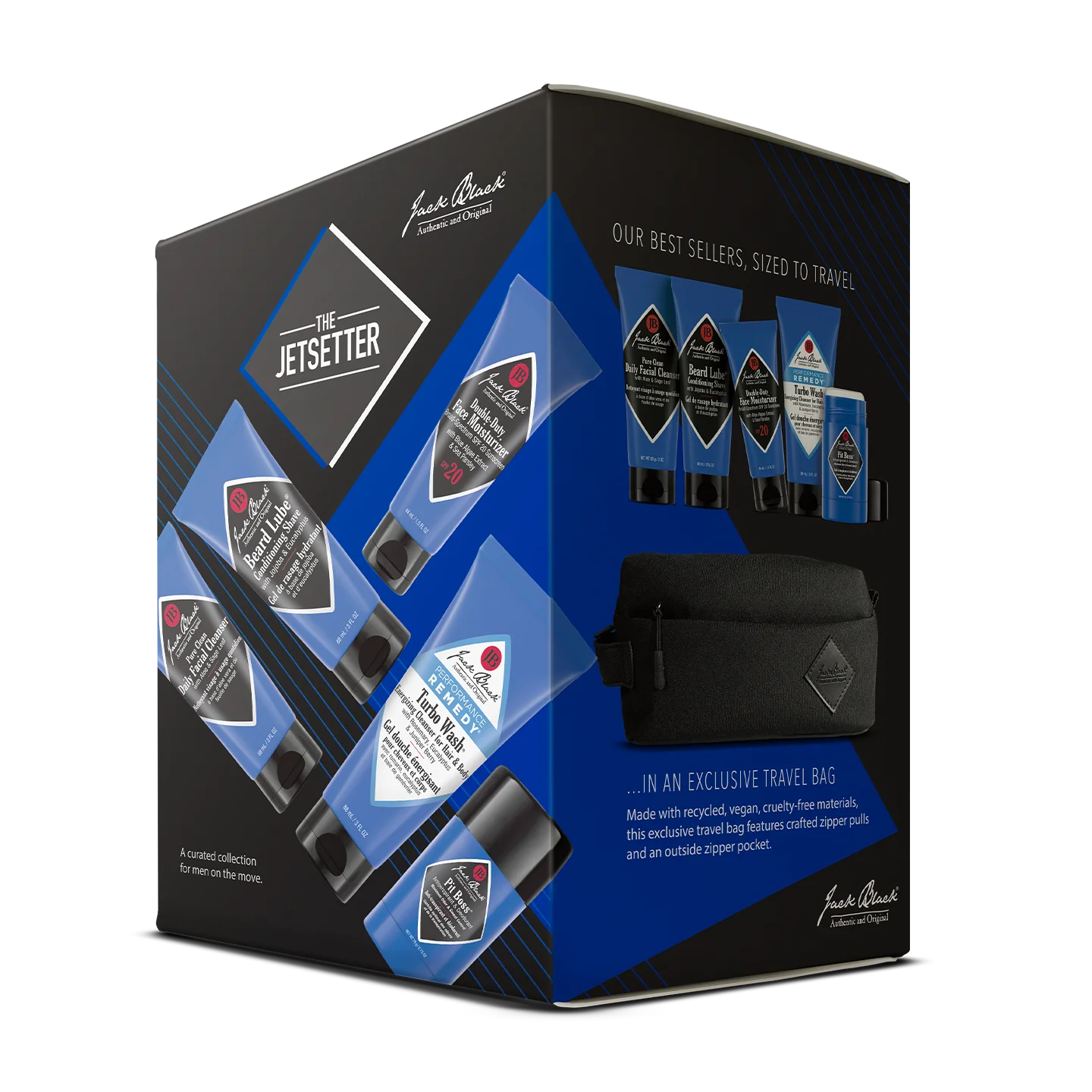 Box featuring Jack Black’s “The Jetsetter” travel grooming kit with five toiletries—including a daily facial cleanser and face moisturizer—in blue-black tubes, plus an exclusive black travel bag, displayed on a white background.