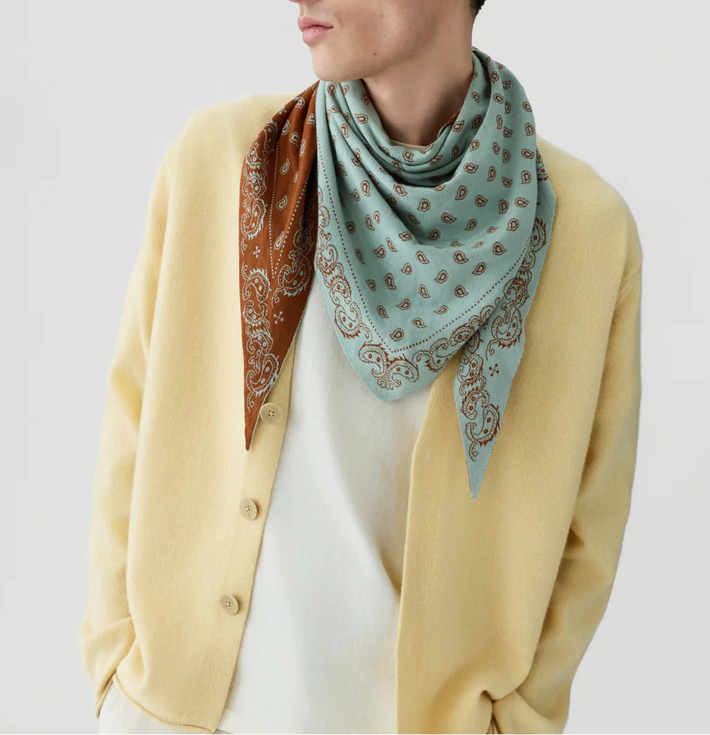 A person wearing a light yellow cardigan, white shirt, and The Wild Rag reversible paisley jacquard scarf in brown and light blue by Guest in Residence, looking to the side against a plain background.