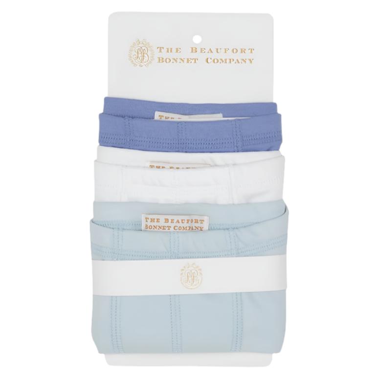 The Beaufort Bonnet Company's Baby Boys' Theodore's Underthings set includes three folded onesies in blue, white, and Park City Periwinkle, packaged together with a branded label.
