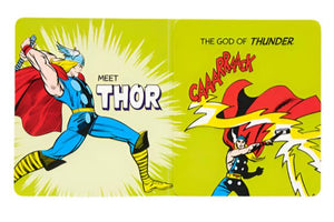 Comic-style image of Thor, featuring "The Mighty Thor: My Mighty Marvel First Book" by Abrams, depicting the Norse God of Thunder swinging his hammer with the words "Meet Thor" and "The God of Thunder." The background is bright green with a sound effect reading "CAAARRACK," making it a perfect addition for Marvel fans to enjoy.