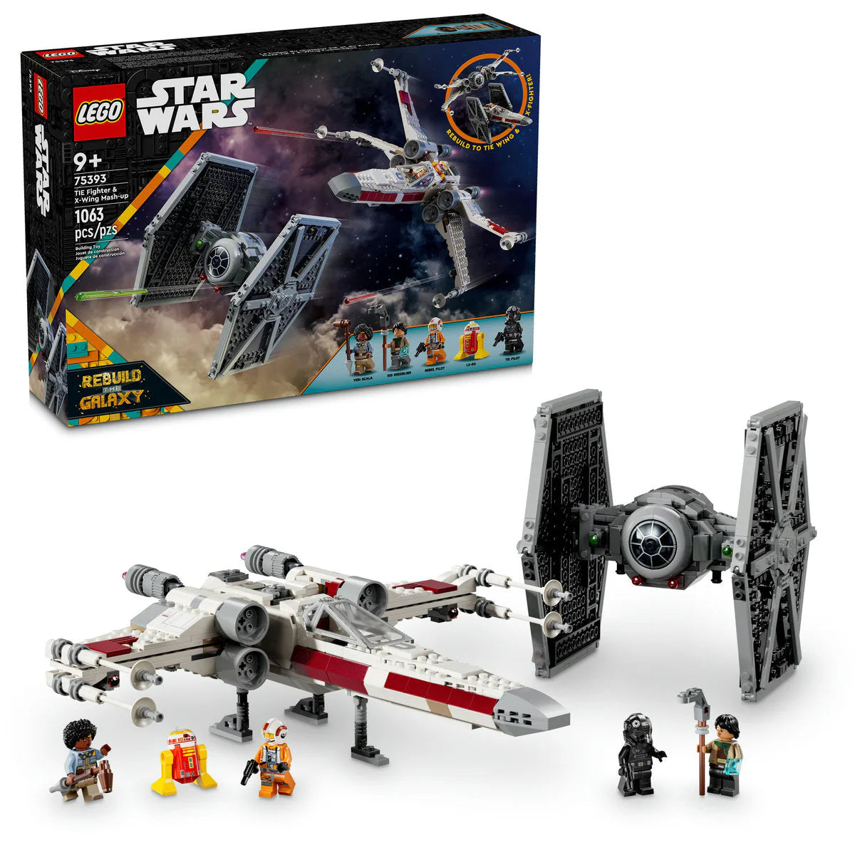 Explore the LEGO® Star Wars™ Tie Fighter & X-Wing Mash-up by Legos - Toyhouse, featuring mini-figures. The box background highlights intricate model details and captivating artwork.