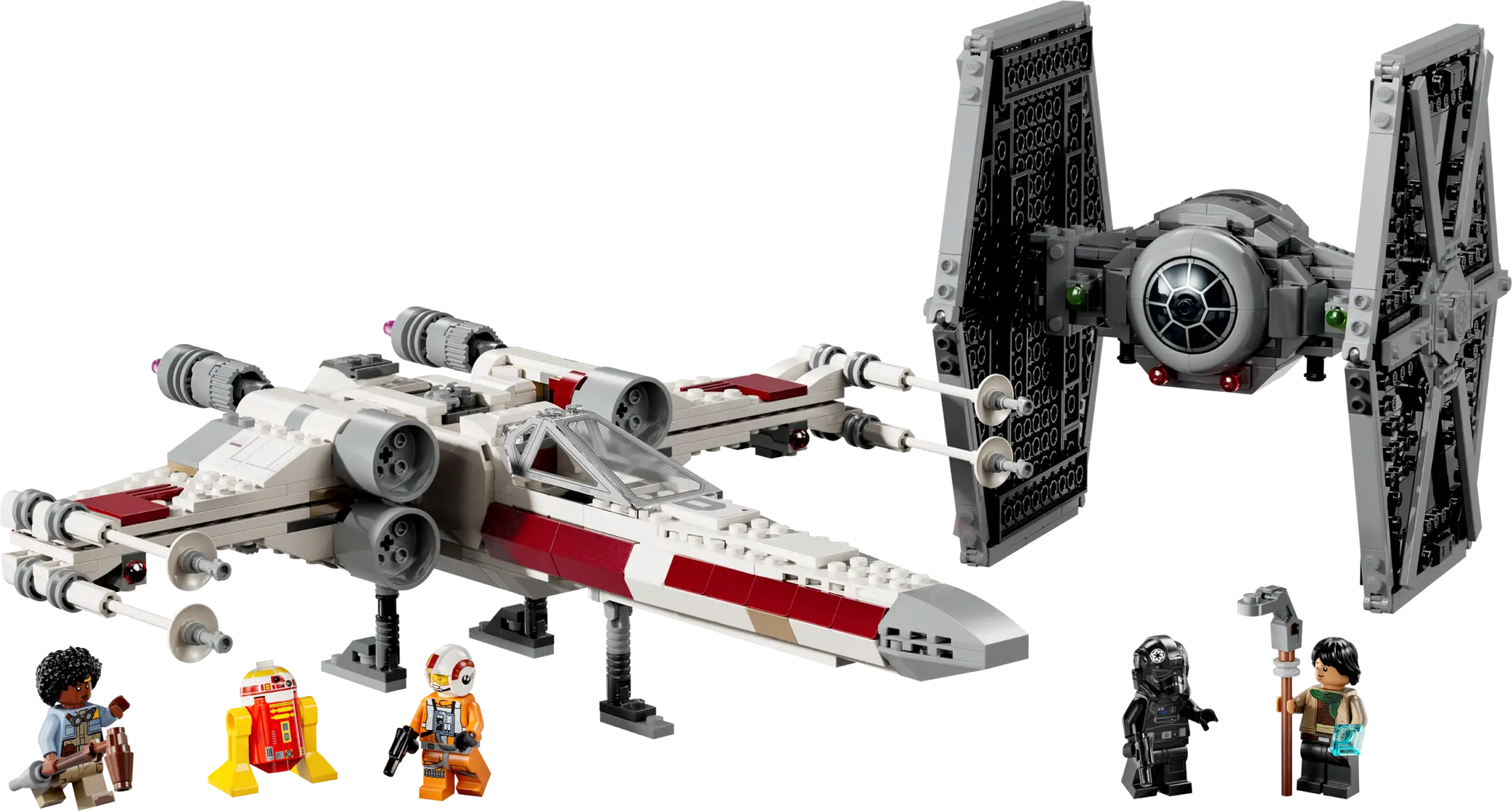 The LEGO® Star Wars™ Tie Fighter & X-Wing Mash-up by Legos - Toyhouse includes four mini-figures with a droid and iconic characters, ideal for display.