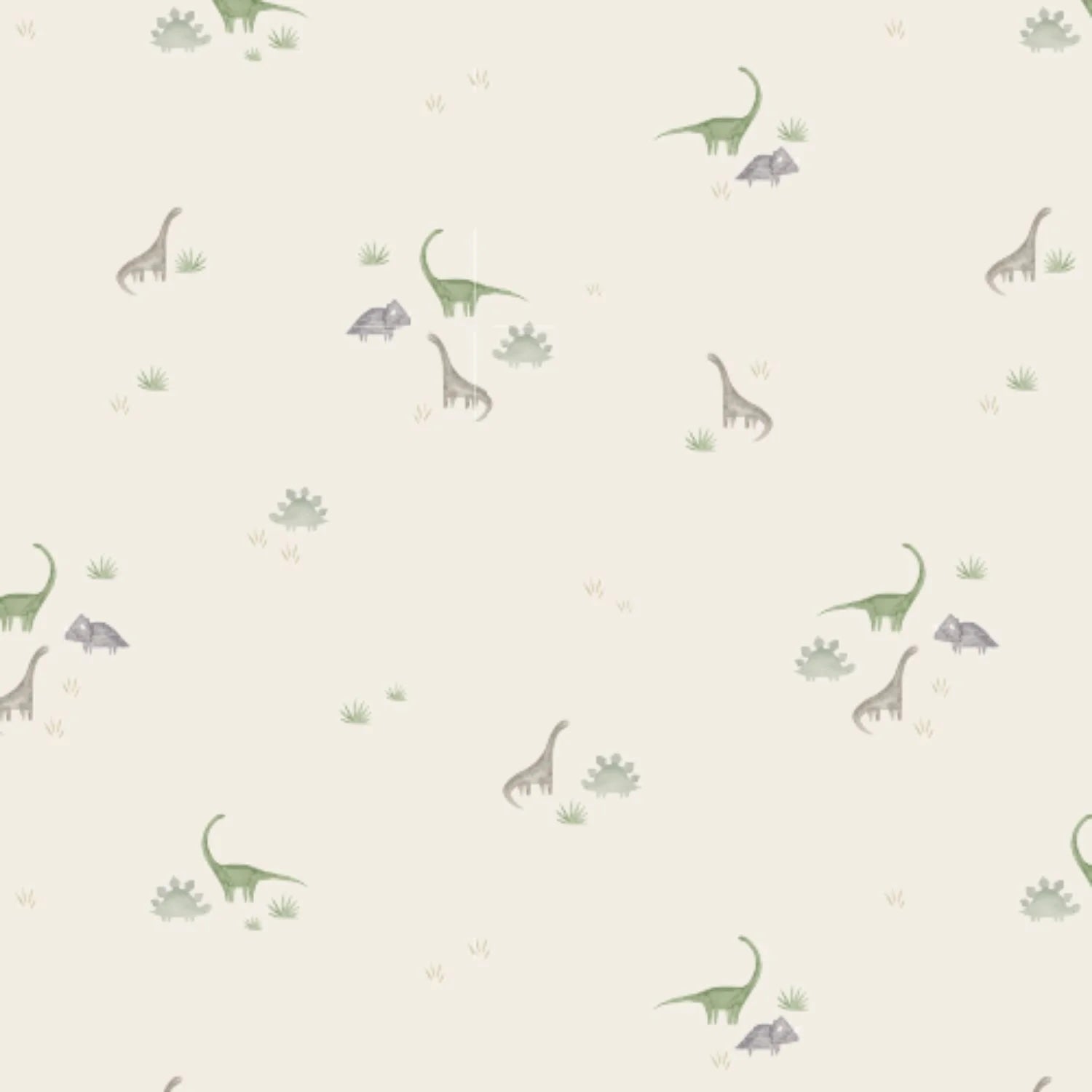 A beige wallpaper decorated with petite illustrations of green and brown long-necked dinosaurs, along with small gray ones amidst sparse vegetation, pairs beautifully with the Magnetic Me Tiny Diny Kimono Set by Magnetic Me. This newborn kimono set is crafted from organic cotton and features SewSafe™ magnetic closures for added convenience.