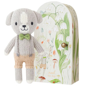 Tiny Noah the Dog from Cuddle + Kind stands next to a decorative box with floral and nature illustrations. This knitted grey dog doll wears a green bow tie and beige overalls, part of the Tiny Collection.
