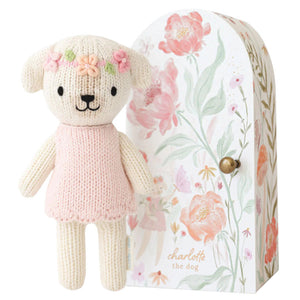 Tiny Charlotte the Dog, a hand-knit plush in a pink dress and flower headband, stands beside a floral box labeled with her name—part of the Cuddle + Kind Tiny Collection.