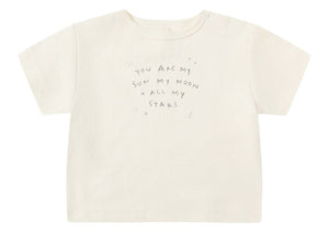 The Quincy Mae Baby and Kids' Boxy Tee is a comfy white t-shirt featuring the phrase "You are my sun my moon all my stars" in simple black script on the front.