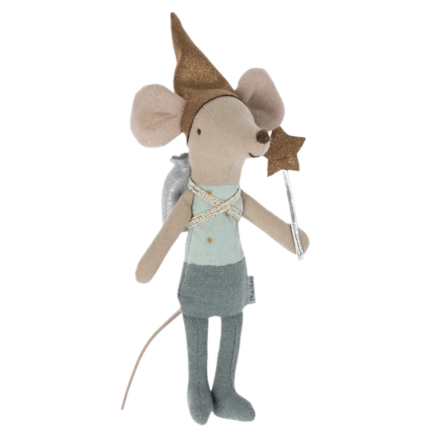 The Maileg Tooth Fairy Mouse in Matchbox, Blue by Maileg is a charming stuffed toy mouse dressed in a blue outfit and pointed hat, holding a star-tipped wand—perfect for sweet dreams.